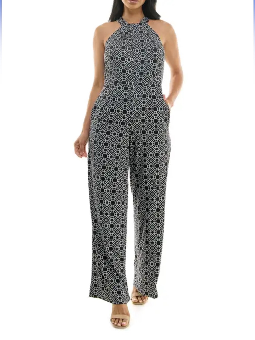 Nina Leonard Black and White Geometric Halter-Neck Jumpsuit